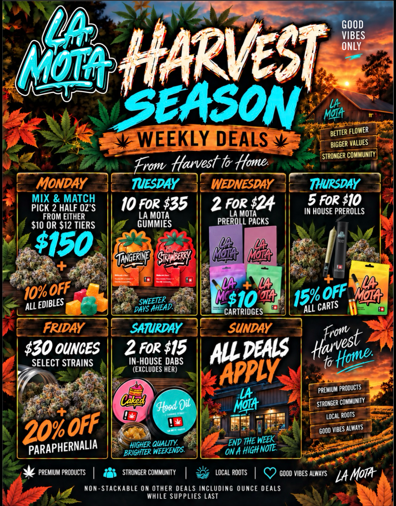 La Mota Oregon Fall Deals 2026 promotional poster featuring seasonal cannabis discounts and special offers.